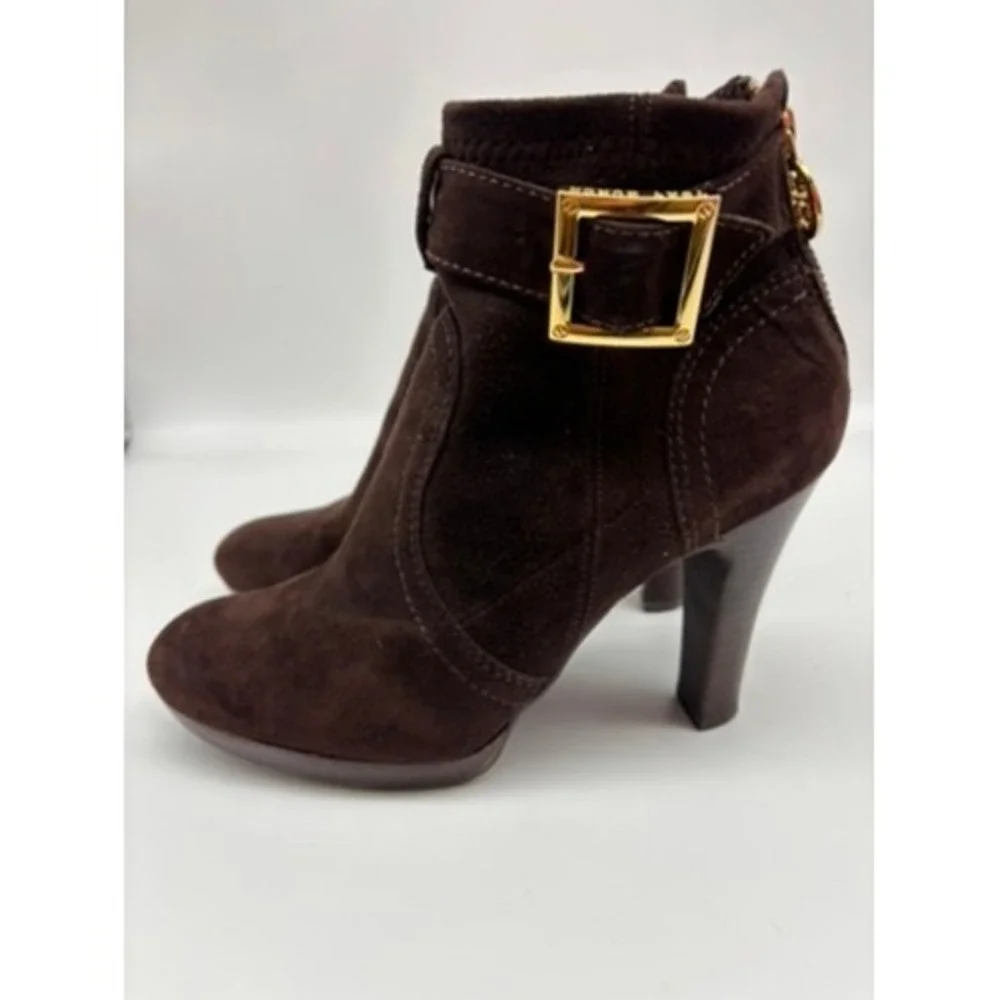 Tory Burch Ankle Boots Women‎ 6.5 Brown Suede Melrose Buckle Logo Back Zip Heel
